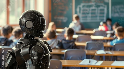 Photo of a robot teacher in front  children sitting behind at desks and learning from it 