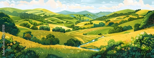 Verdant Meadows Peaceful Harmony A NeoImpressionist D of Rolling Hills and a Babbling Brook