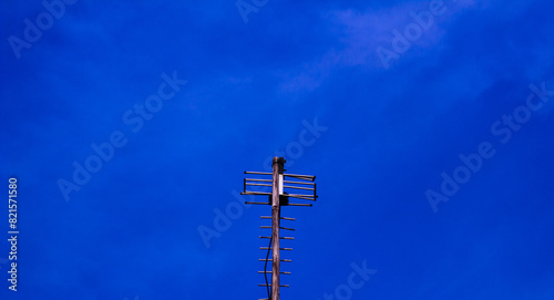 Photography used tv signal finder antenna isolated blue sky background