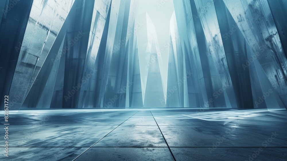 An abstract 3D scene showcasing futuristic architecture with a concrete floor and towering, asymmetrical structures bathed in cool, blue light. An abstract 3D scene showcasing futuristic architecture with a concrete floor and towering, asymmetrical structures bathed in cool, blue light.