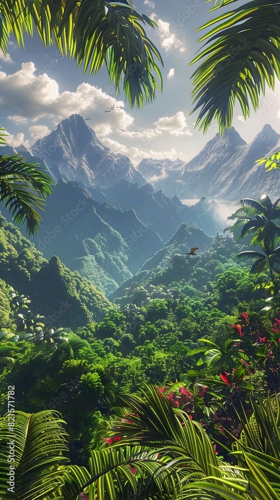 Fototapeta premium Majestic Peaks in a Verdant Realm A Cinematic D Rendered Landscape Evoking Romantic Dreams
