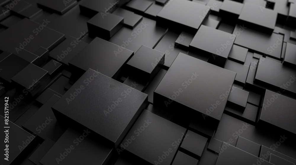 Abstract black 3d square blocks background. Black cubes abstract background. Random mosaic shapes. Geometric backdrop. Futuristic interior concept. Square tiles. Business or corporate design element. Abstract black 3d square blocks background. Black cubes abstract background. Random mosaic shapes. Geometric backdrop. Futuristic interior concept. Square tiles. Business or corporate design element.