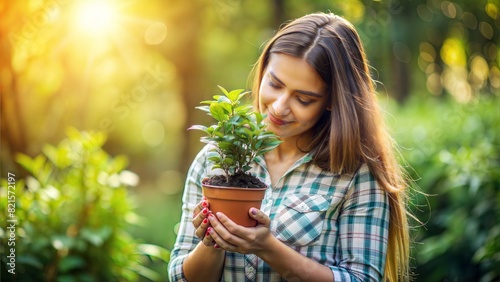 Young Woman Holding Potted Plant with Care: A touching portrait of a young woman tenderly holding a potted plant, exemplifying nurturing and environmental stewardship on an individual level.	
 photo