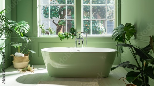 Stylish bathroom scene with soft green hues  freestanding bathtub  large windows  and potted plants  isolated background  studio lighting perfect for ads