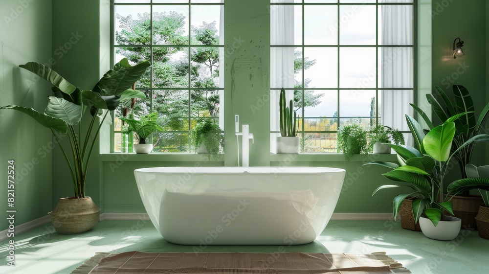 Modern bathroom in soft green shades with a freestanding bathtub, large windows, potted plants, close-up, isolated background, studio lighting for advertising Modern bathroom in soft green shades with a freestanding bathtub, large windows, potted plants, close-up, isolated background, studio lighting for advertising