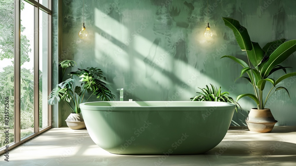 Modern bathroom in soft green shades with a freestanding bathtub, large windows, potted plants, close-up, isolated background, studio lighting for advertising Modern bathroom in soft green shades with a freestanding bathtub, large windows, potted plants, close-up, isolated background, studio lighting for advertising