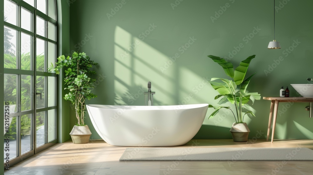 Fototapeta premium Modern bathroom in soft green shades with a freestanding bathtub, large windows, potted plants, close-up, isolated background, studio lighting for advertising