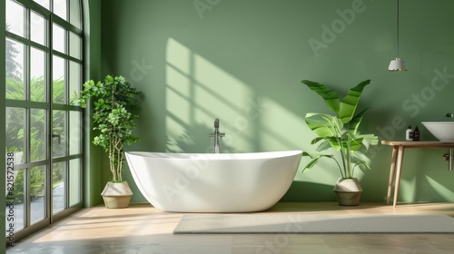 Modern bathroom in soft green shades with a freestanding bathtub  large windows  potted plants  close-up  isolated background  studio lighting for advertising