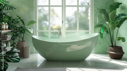 Modern bathroom in soft green shades with a freestanding bathtub, large windows, potted plants, close-up, isolated background, studio lighting for advertising © Alpha