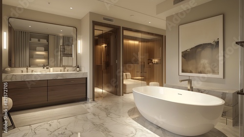 A high-resolution image of a master bedroom with a luxurious ensuite bathroom featuring a freestanding bathtub and a double vanity