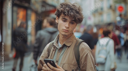 Photo of a young man holding his phone in the street, wearing casual and looking at it with a serious expression on his face, blurred crowd in the background.