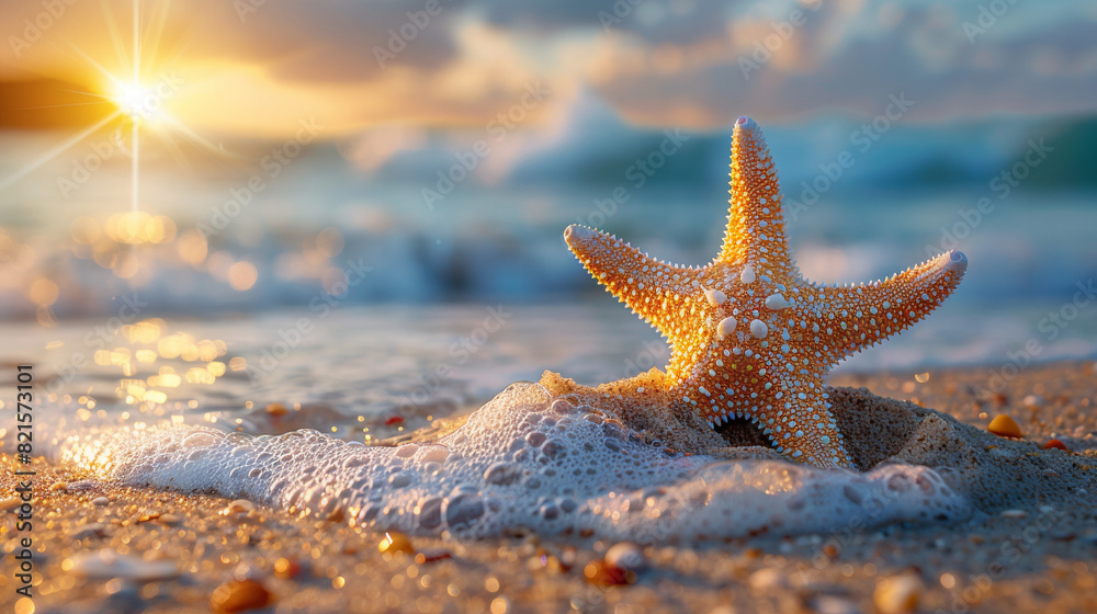 Summer background, Starfish on the sand of a beach, blurred sea background, Copy space, hyper detailed, hyper realistic, Summer background, Starfish on the sand of a beach, blurred sea background, Copy space, hyper detailed, hyper realistic,