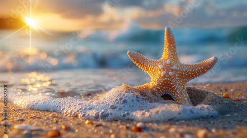 Summer background, Starfish on the sand of a beach, blurred sea background, Copy space, hyper detailed, hyper realistic,