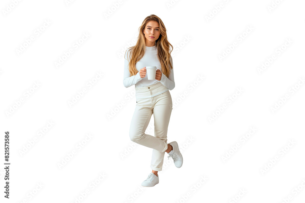 full body of Caucasian female model presenting a product white cup. On transparent background. Generative ai illustration. full body of Caucasian female model presenting a product white cup. On transparent background. Generative ai illustration.