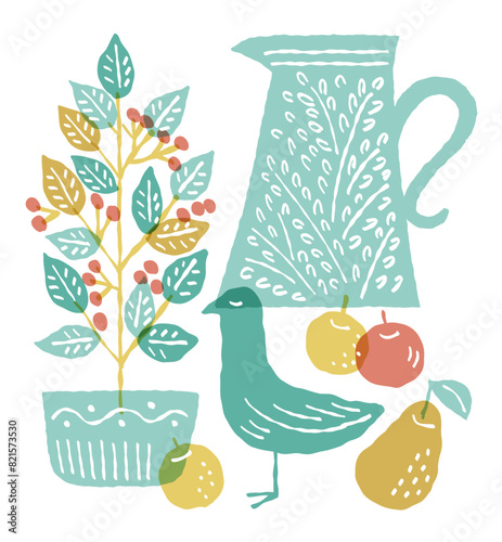 小鳥とインテリアのおしゃれなイラスト