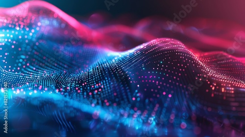 Vibrant abstract image featuring a flowing digital wave pattern composed of glowing particles with a dynamic sense of movement photo