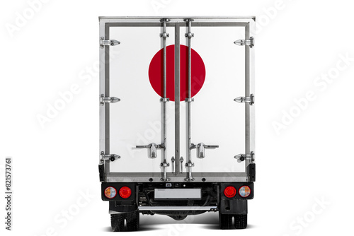 A truck with the national flag of  Japan depicted on the tailgate drives against a white background. Concept of export-import, transportation, national delivery of goods