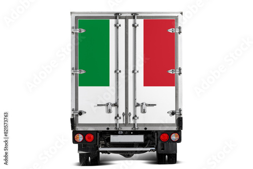 A truck with the national flag of   Italy depicted on the tailgate drives against a white background. Concept of export-import, transportation, national delivery of goods