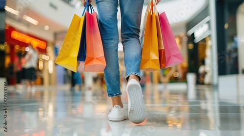 woman in jeans and shoes walking holding colorful shopping bags in mall © natasya