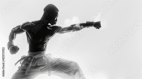Kickboxer executing a high kick in reverse silhouette, crisp white backdrop