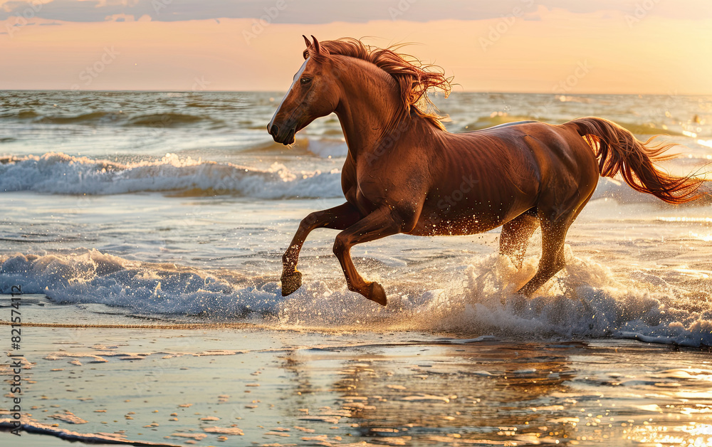 A horse gallops along a beach at golden hour, with waves crashing and the warm sunlight reflecting off the water, creating a dynamic and breathtaking scene. A horse gallops along a beach at golden hour, with waves crashing and the warm sunlight reflecting off the water, creating a dynamic and breathtaking scene.