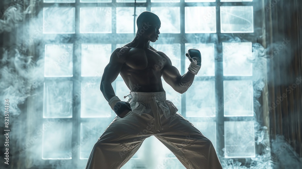 Reverse silhouette of a kickboxer with extended leg, white backdrop Reverse silhouette of a kickboxer with extended leg, white backdrop