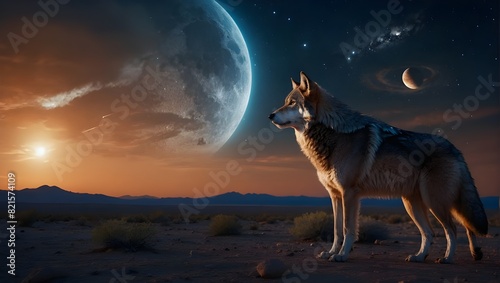 A lone wolf under a moonlit desert sky  with distant planets shining brightly in the background. Generative AI