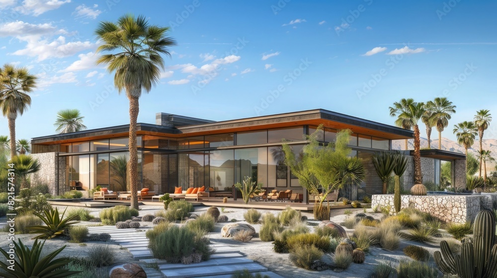 Photo of modern single story home in the desert, in Arizona with palm trees and blue sky, daytime, no people or cars, in front yard