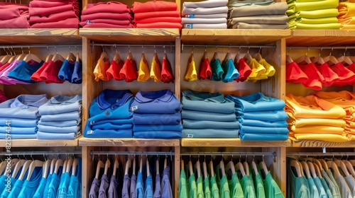 Close-up of neatly stacked, colorful child's shirts on wooden retail shelves, vibrant and organized display, perfect for retail advertising © Alpha