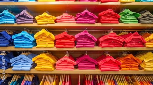 Close-up of neatly stacked, colorful child's shirts on wooden retail shelves, vibrant and organized display, perfect for retail advertising