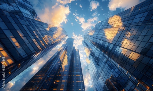 down view of clear sky with sky crappers building on the side.