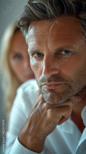 Mature Caucasian Couple in Casual Wear Gazing Thoughtfully, Indoor Close-Up Portrait
