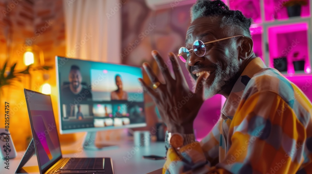 Cheerful African-American Male in His 30s Enjoying Remote Work from a Stylish Home Office During a Video Call at Night Cheerful African-American Male in His 30s Enjoying Remote Work from a Stylish Home Office During a Video Call at Night