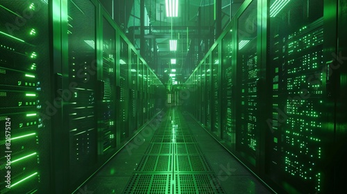 Shot of Corridor in Working Data Center Full of Rack Servers and Supercomputers with Cloud Storage Advantages Icon Visualisation.