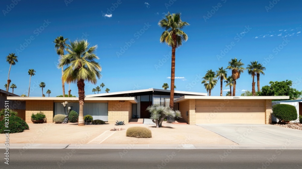 Photo of modern single story home in the desert, in Arizona with palm trees and blue sky, daytime, no people or cars, in front yard