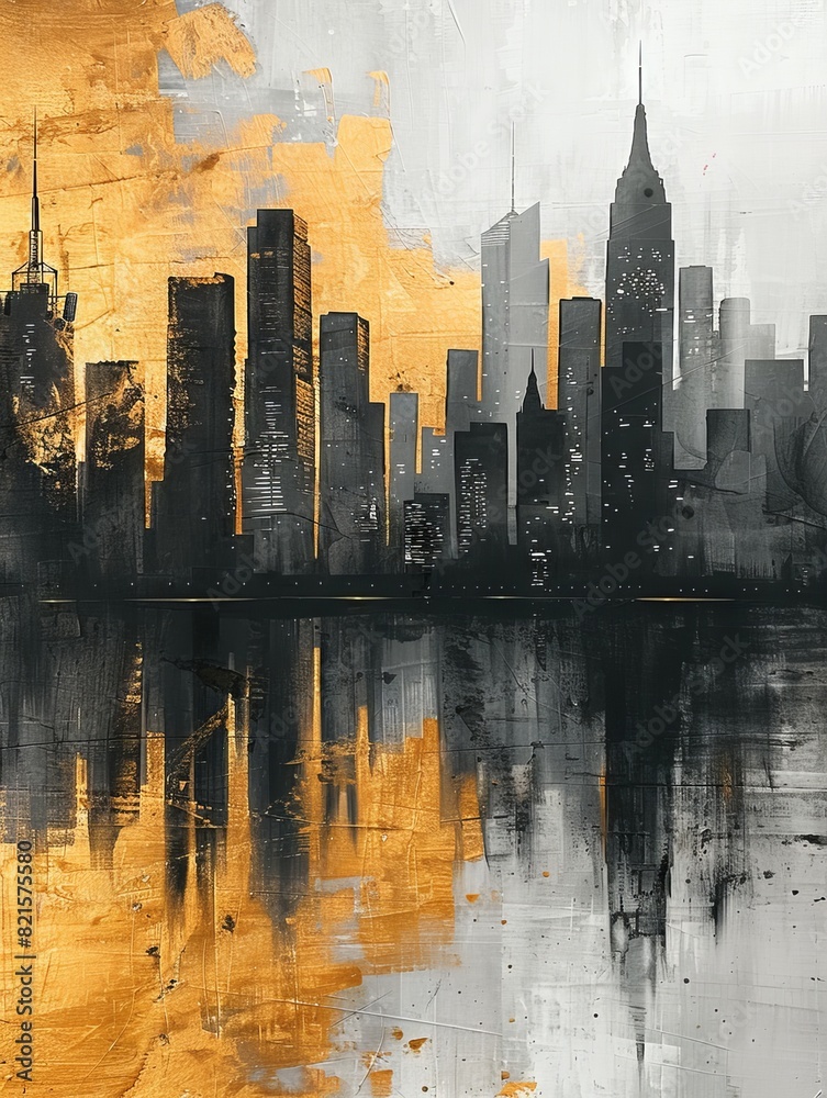 Obraz premium An abstract cityscape with gold, black, and white colors.
