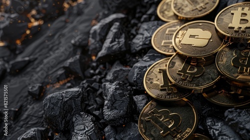 A selection of various cryptocurrency coins such as Bitcoin and Litecoin, are strewn across a rugged, black rocky surface, depicting digital currency concept photo