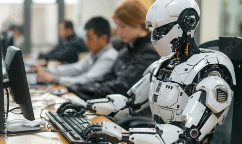 humanoid robot typing on keyword computer. AI assistant robot working in office on PC among employee workers. photo