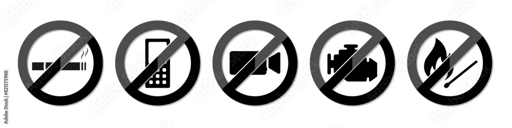 No smoking area, no fire, no cellphone, stop engine restriction ban symbol. Petrol pump safety rules icon set. Warning sign for gas and petroleum in black and white color with shiny effect. No smoking area, no fire, no cellphone, stop engine restriction ban symbol. Petrol pump safety rules icon set. Warning sign for gas and petroleum in black and white color with shiny effect.