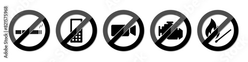 No smoking area, no fire, no cellphone, stop engine restriction ban symbol. Petrol pump safety rules icon set. Warning sign for gas and petroleum in black and white color with shiny effect.