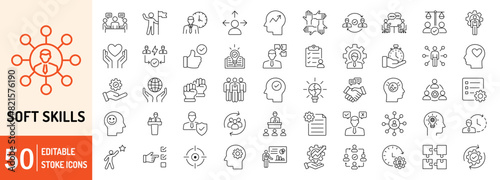 Soft Skills editable stroke outline web icons set. Skills, leadership, communication, creativity, empathy, self-motivation, problem solving, teamwork and responsibility. Vector illustration
