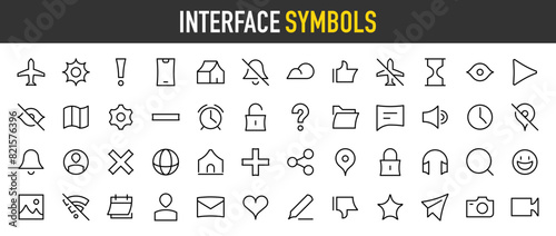 Interface symbols icons. Airplane Mode, Alarm, Bell, Calendar, Camera, Chat, Clock, Cloud, Like, Eye, Folder, Globe, Headphones, Heart, Home, Image, Location, Lock, Mail vector icon. Editable stroke.