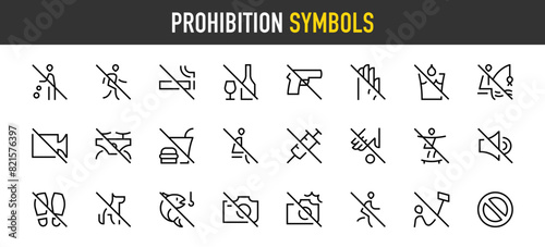 Prohibition symbols icons. Skateboard, Stand, Fishing, Flash Not, Forbidden, No Alcohol, Drinking Water, Drone, Drug, Entry, Food, Noise, Pets, Selfie, Smoking, Video, Bin vector icon. Editable stroke