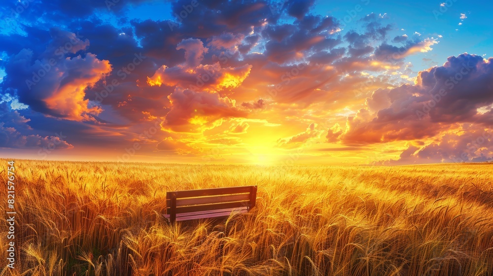 Golden wheat field under a stunning sunset, close-up view with dramatic clouds and a vibrant blue sky, capturing the beauty of nature Golden wheat field under a stunning sunset, close-up view with dramatic clouds and a vibrant blue sky, capturing the beauty of nature