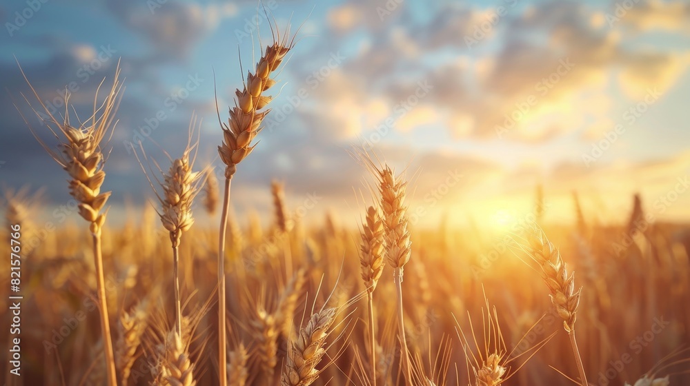 Golden wheat field, close-up at sunset, with dramatic clouds and blue sky, capturing the tranquility and beauty of the countryside Golden wheat field, close-up at sunset, with dramatic clouds and blue sky, capturing the tranquility and beauty of the countryside