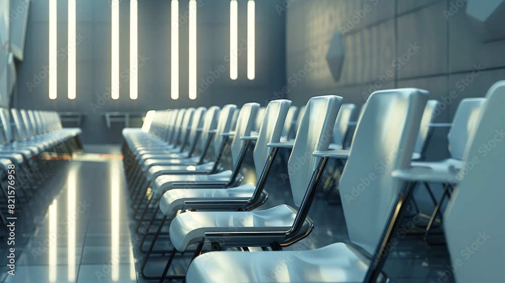 Fototapeta premium Futuristic classroom setting with empty chairs neatly arranged, close-up, representing market decision achievement, modern aesthetic, studio lighting