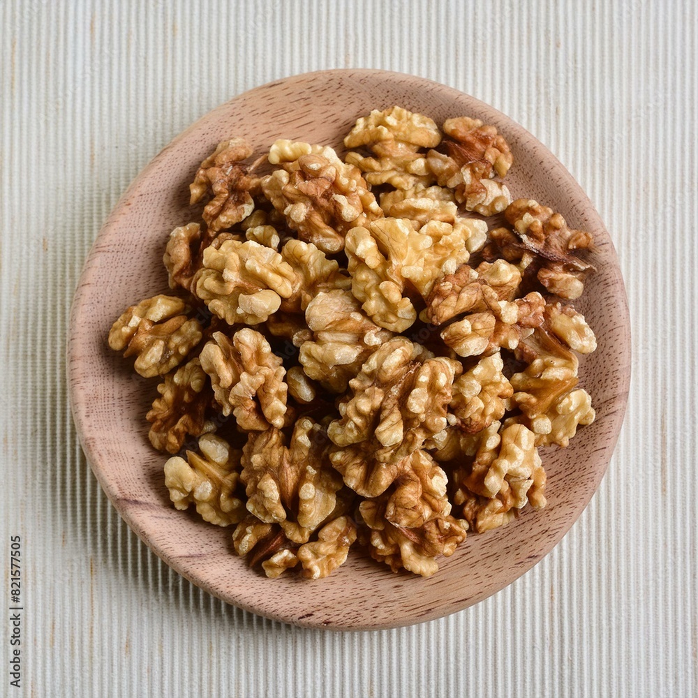 Close-Up: Walnut Kernels on Wooden Plate from Above Close-Up: Walnut Kernels on Wooden Plate from Above