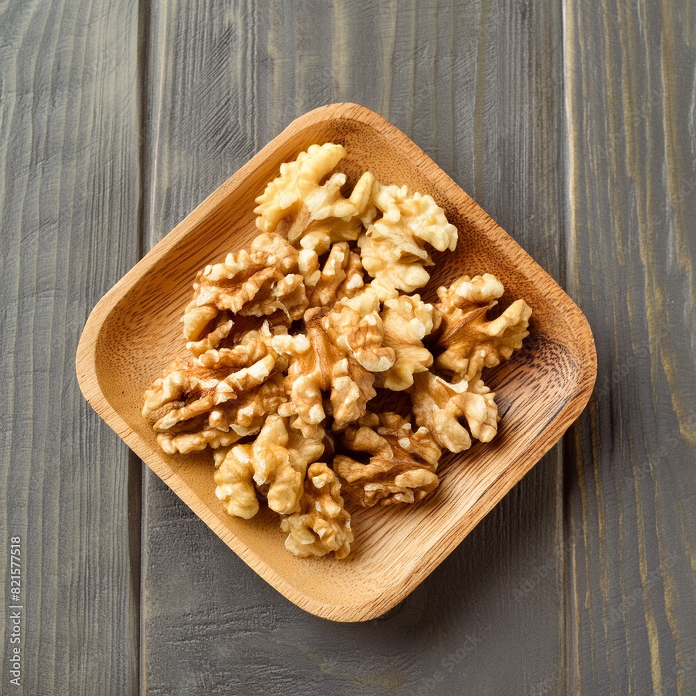 Fototapeta premium Top View Close-Up: Wooden Plate with Peeled Walnut Kernels