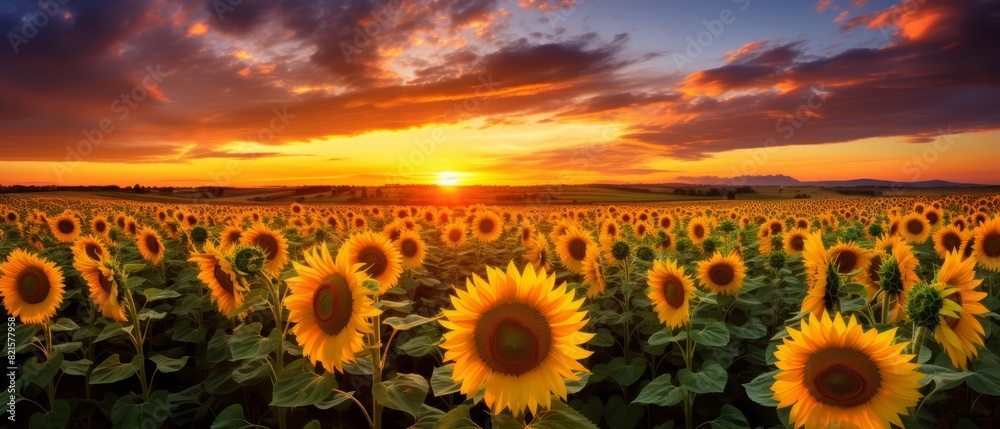 Mature sunflower field with bright blooms