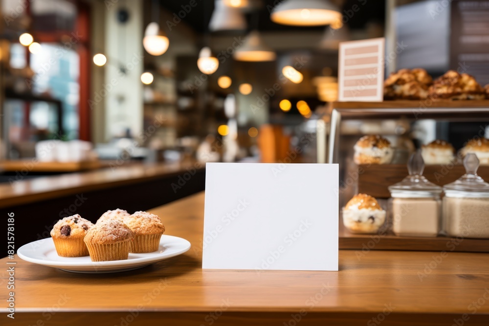 Blank flyer on a counter in a modern bakery, fresh pastries around